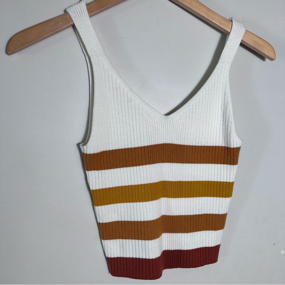 Ribbed V-Neck Tank with Rust and Mustard Stripes
